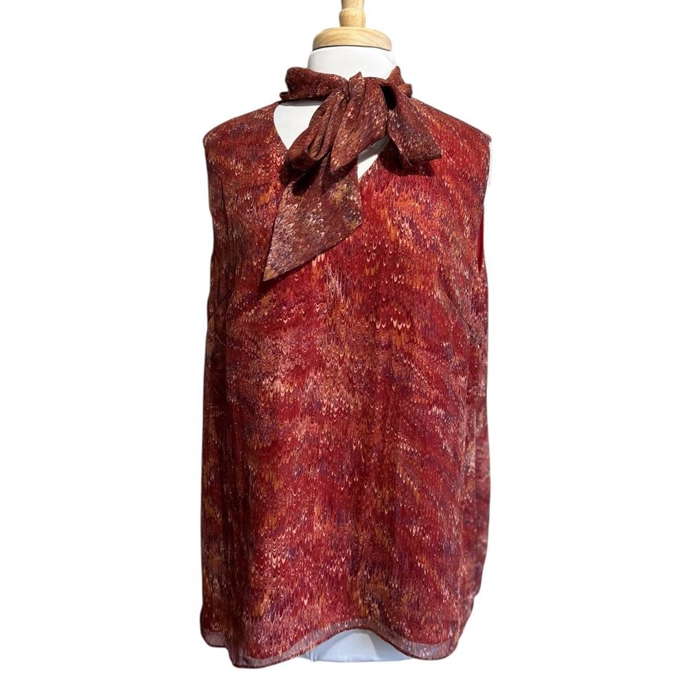 Studio Jax Canada Brick Red Print Bowtie Pussybow Sleeveless Blouse sz 16 Career